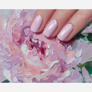 pink nail polish, floral manicure art, peony bloom painting, feminine nail art, pastel beauty artwork, soft pink nails, flower and hand oil painting, beauty decor, manicure still life, elegant nail design art, cosmetic art, delicate hand painting, pink aesthetic art, floral beauty palette, pastel pink décor, nail salon wall art, romantic nail art scene, hand holding flower art, beauty industry artwork, luxury nail painting