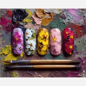 floral nails, multicolor manicure, garden inspired nails, colorful nail art, petals still life, pigment spots painting, beauty palette artwork, vibrant manicure art, bold nail colors, artistic beauty décor