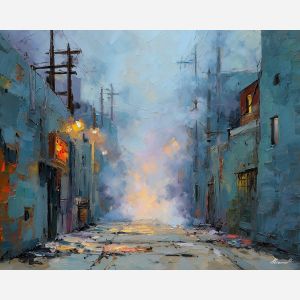 alley, lined, with, posters, painted, signs, softened, interior, evening street, club doorway, neighborhood glow, urban pattern, historic energy, layered silhouettes, warm night color, jazz atmosphere, brick facade, city rhythm, oil painting palette knife, textured impasto