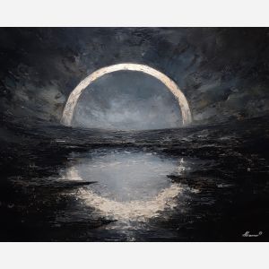 arched, pale, shapes, circling, central, void, sliding, narrow, tonal contrast, meditative dark, aged material, organic arc, quiet memento, shadowed object, textured stillness, symbolic bone, hollow form, chiaroscuro study, oil painting palette knife, textured impasto