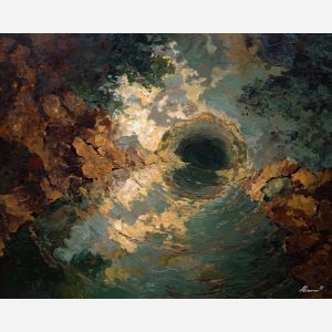 watering, hollow, edged, with, worn, stone, filling, amber distance, open plain, sun-steeped land, textured horizon, savanna expanse, red earth, acacia silhouettes, village pattern, heat shimmer, distant hills, oil painting palette knife, textured impasto, layered pigments