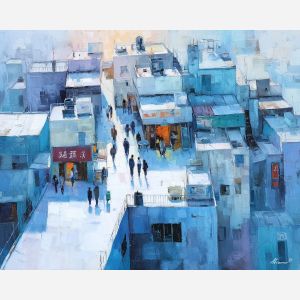 rooftop, edge, overlooking, clustered, roofs, glowing, around, doorways, neighborhood glow, urban pattern, historic energy, layered silhouettes, warm night color, jazz atmosphere, brick facade, city rhythm, evening street, club doorway, oil painting palette knife, textured impasto