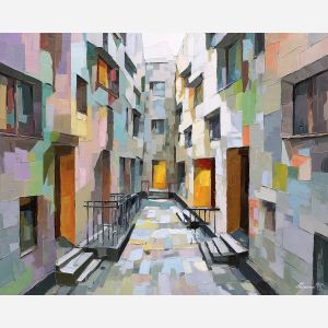 walkway, cutting, between, simple, blocks, angling, across, facades, functional design, flat planes, linear balance, minimal composition, geometric facade, modernist structure, primary color field, clean architecture, rectilinear order, abstract building, oil painting palette knife, textured impasto
