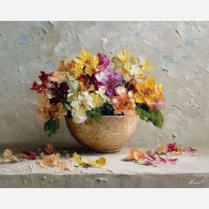 cluster, flowers, spilling, from, ceramic, bowl, passing, through, glass vase, garden suggestion, soft bouquet, natural curve, petal layers, subtle fragrance, gentle color, organic shapes, floral arrangement, delicate blossoms, oil painting palette knife, textured impasto