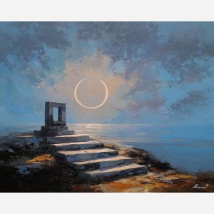 small, shrine, standing, near, broken, steps, hovering, faint, quiet harbor, mediterranean landscape, ancient coast, marble architecture, seaside village, stone terrace, Aegean light, hillside dwellings, historic shoreline, sunlit masonry, oil painting palette knife, textured impasto