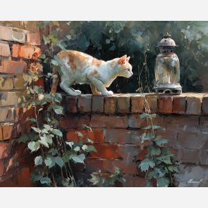 balanced, along, slim, garden, wall, lingering, faint, reflections, subtle movement, feline presence, resting figure, window light, quiet companion, soft fur, domestic calm, watchful pose, indoor stillness, gentle shadow, oil painting palette knife, textured impasto