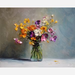 handful, stems, tied, with, simple, ribbon, settling, into, soft bouquet, natural curve, petal layers, subtle fragrance, gentle color, organic shapes, floral arrangement, delicate blossoms, glass vase, garden suggestion, oil painting palette knife, textured impasto