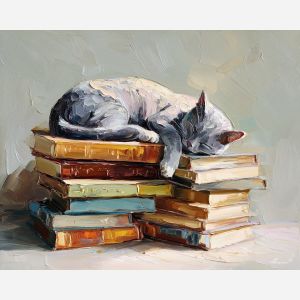 feline, resting, atop, stack, books, sliding, across, back, domestic calm, watchful pose, indoor stillness, gentle shadow, subtle movement, feline presence, resting figure, window light, quiet companion, soft fur, oil painting palette knife, textured impasto
