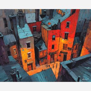 rooftop, edge, overlooking, clustered, roofs, glowing, around, doorways, neighborhood glow, urban pattern, historic energy, layered silhouettes, warm night color, jazz atmosphere, brick facade, city rhythm, evening street, club doorway, oil painting palette knife, textured impasto