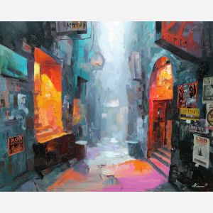 alley, lined, with, posters, painted, signs, softened, interior, evening street, club doorway, neighborhood glow, urban pattern, historic energy, layered silhouettes, warm night color, jazz atmosphere, brick facade, city rhythm, oil painting palette knife, textured impasto