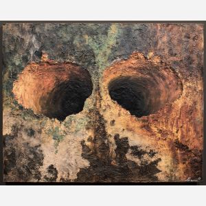 fragmented, arcs, suggesting, aged, organic, remains, fading, unevenly, textured stillness, symbolic bone, hollow form, chiaroscuro study, tonal contrast, meditative dark, aged material, organic arc, quiet memento, shadowed object, oil painting palette knife, textured impasto