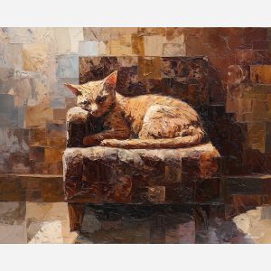 feline, figure, curled, textured, chair, pooled, warm, square, feline presence, resting figure, window light, quiet companion, soft fur, domestic calm, watchful pose, indoor stillness, gentle shadow, subtle movement, oil painting palette knife, textured impasto