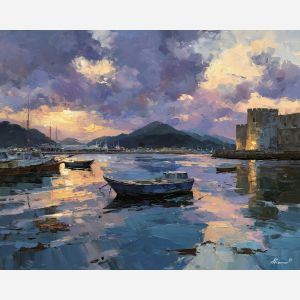 harbor, where, boats, rest, beneath, distant, hills, softened, hillside dwellings, historic shoreline, sunlit masonry, quiet harbor, mediterranean landscape, ancient coast, marble architecture, seaside village, stone terrace, Aegean light, oil painting palette knife, textured impasto