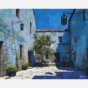 courtyard, framed, rectilinear, buildings, cool, clear, like, studio, abstract building, functional design, flat planes, linear balance, minimal composition, geometric facade, modernist structure, primary color field, clean architecture, rectilinear order, oil painting palette knife, textured impasto