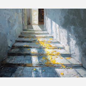 pathway, stepped, light, across, floor, gathering, like, quiet, gentle horizon, calm interior, hushed atmosphere, tender light, reflective stillness, subtle reverence, luminous calm, quiet sanctuary, soft radiance, arched space, oil painting palette knife, textured impasto