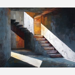 stairwell, dissolved, into, geometric, shadow, bands, sharp, primary color field, clean architecture, rectilinear order, abstract building, functional design, flat planes, linear balance, minimal composition, geometric facade, modernist structure, oil painting palette knife, textured impasto, layered pigments