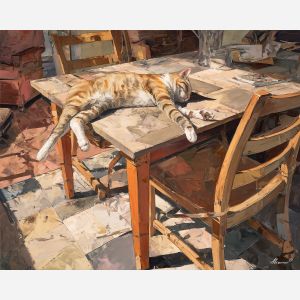 slipping, between, table, chair, legs, stretching, bands, across, quiet companion, soft fur, domestic calm, watchful pose, indoor stillness, gentle shadow, subtle movement, feline presence, resting figure, window light, oil painting palette knife, textured impasto