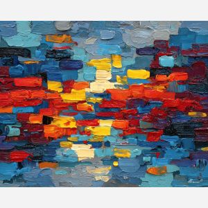 facade, stacked, planes, narrow, windows, defined, crisp, directional, geometric facade, modernist structure, primary color field, clean architecture, rectilinear order, abstract building, functional design, flat planes, linear balance, minimal composition, oil painting palette knife, textured impasto