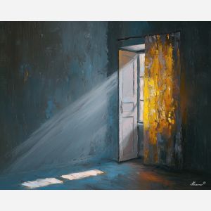 doorway, suggesting, passage, into, calm, radiance, resting, over, luminous calm, quiet sanctuary, soft radiance, arched space, gentle horizon, calm interior, hushed atmosphere, tender light, reflective stillness, subtle reverence, oil painting palette knife, textured impasto