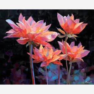 reflection, petals, faintly, visible, dark, glass, touching, edges, organic shapes, floral arrangement, delicate blossoms, glass vase, garden suggestion, soft bouquet, natural curve, petal layers, subtle fragrance, gentle color, oil painting palette knife, textured impasto