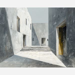 walkway, cutting, between, simple, blocks, angling, across, facades, functional design, flat planes, linear balance, minimal composition, geometric facade, modernist structure, primary color field, clean architecture, rectilinear order, abstract building, oil painting palette knife, textured impasto