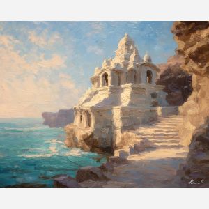 cliffside, temple, with, softened, marble, contours, bathed, hazy, ancient coast, marble architecture, seaside village, stone terrace, Aegean light, hillside dwellings, historic shoreline, sunlit masonry, quiet harbor, mediterranean landscape, oil painting palette knife, textured impasto