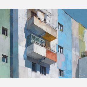 balcony, projecting, from, flat, wall, flattening, forms, into, clean architecture, rectilinear order, abstract building, functional design, flat planes, linear balance, minimal composition, geometric facade, modernist structure, primary color field, oil painting palette knife, textured impasto