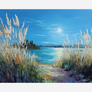 riverbank, lined, with, tall, shimmering, grasses, humming, acacia silhouettes, village pattern, heat shimmer, distant hills, amber distance, open plain, sun-steeped land, textured horizon, savanna expanse, red earth, oil painting palette knife, textured impasto, layered pigments