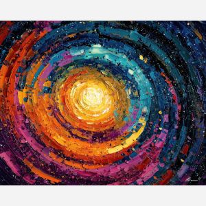 central, vortex, surrounded, radiating, shapes, from, multiple, kaleidoscopic field, surreal pattern, trippy geometry, fractal drift, chromatic wave, liquid color, visual distortion, bold saturation, neon spectrum, vivid spiral, oil painting palette knife, textured impasto, layered pigments