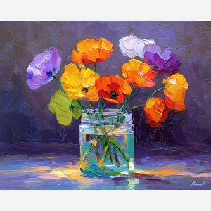 handful, stems, tied, with, simple, ribbon, settling, into, soft bouquet, natural curve, petal layers, subtle fragrance, gentle color, organic shapes, floral arrangement, delicate blossoms, glass vase, garden suggestion, oil painting palette knife, textured impasto