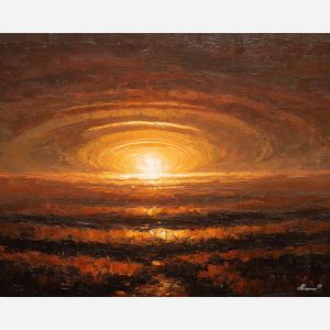 distant, glow, resting, over, fields, glowing, center, with, reflective stillness, subtle reverence, luminous calm, quiet sanctuary, soft radiance, arched space, gentle horizon, calm interior, hushed atmosphere, tender light, oil painting palette knife, textured impasto