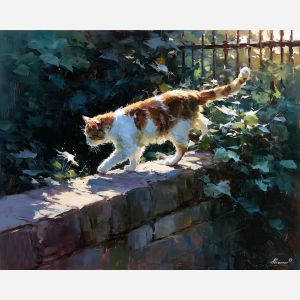 balanced, along, slim, garden, wall, lingering, faint, reflections, subtle movement, feline presence, resting figure, window light, quiet companion, soft fur, domestic calm, watchful pose, indoor stillness, gentle shadow, oil painting palette knife, textured impasto