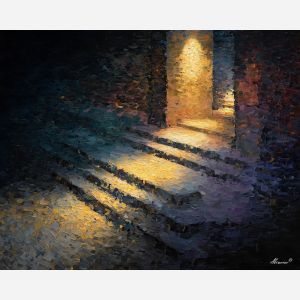 pathway, stepped, light, across, floor, gathering, like, quiet, gentle horizon, calm interior, hushed atmosphere, tender light, reflective stillness, subtle reverence, luminous calm, quiet sanctuary, soft radiance, arched space, oil painting palette knife, textured impasto