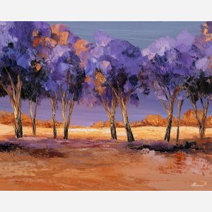 grove, acacias, casting, long, evening, shadows, slipping, toward, heat shimmer, distant hills, amber distance, open plain, sun-steeped land, textured horizon, savanna expanse, red earth, acacia silhouettes, village pattern, oil painting palette knife, textured impasto