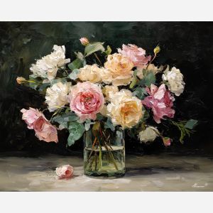 loose, bouquet, resting, clear, glass, vase, glowing, softly, floral arrangement, delicate blossoms, glass vase, garden suggestion, soft bouquet, natural curve, petal layers, subtle fragrance, gentle color, organic shapes, oil painting palette knife, textured impasto