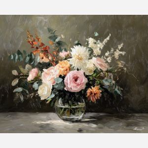 loose, bouquet, resting, clear, glass, vase, glowing, softly, floral arrangement, delicate blossoms, glass vase, garden suggestion, soft bouquet, natural curve, petal layers, subtle fragrance, gentle color, organic shapes, oil painting palette knife, textured impasto