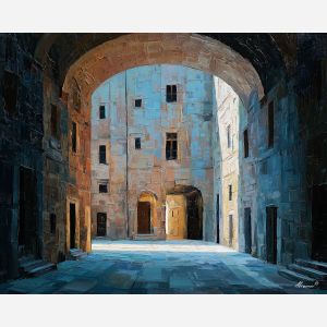 courtyard, framed, rectilinear, buildings, cool, clear, like, studio, abstract building, functional design, flat planes, linear balance, minimal composition, geometric facade, modernist structure, primary color field, clean architecture, rectilinear order, oil painting palette knife, textured impasto