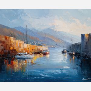 harbor, where, boats, rest, beneath, distant, hills, softened, hillside dwellings, historic shoreline, sunlit masonry, quiet harbor, mediterranean landscape, ancient coast, marble architecture, seaside village, stone terrace, Aegean light, oil painting palette knife, textured impasto