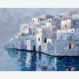 cluster, cubic, volumes, aligned, tiers, softened, even, overcast, modernist structure, primary color field, clean architecture, rectilinear order, abstract building, functional design, flat planes, linear balance, minimal composition, geometric facade, oil painting palette knife, textured impasto