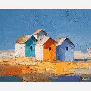 cluster, huts, beneath, wide, bright, pressing, down, from, open plain, sun-steeped land, textured horizon, savanna expanse, red earth, acacia silhouettes, village pattern, heat shimmer, distant hills, amber distance, oil painting palette knife, textured impasto