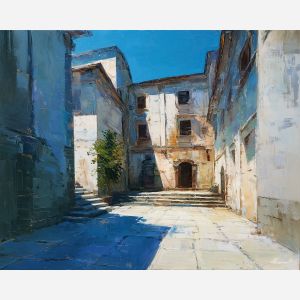 courtyard, framed, rectilinear, buildings, cool, clear, like, studio, abstract building, functional design, flat planes, linear balance, minimal composition, geometric facade, modernist structure, primary color field, clean architecture, rectilinear order, oil painting palette knife, textured impasto