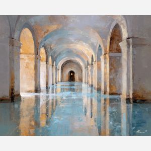 vaulted, space, reduced, gentle, planes, enveloping, rather, hushed atmosphere, tender light, reflective stillness, subtle reverence, luminous calm, quiet sanctuary, soft radiance, arched space, gentle horizon, calm interior, oil painting palette knife, textured impasto, layered pigments