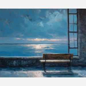 bench, situated, beneath, tall, window, breaking, through, layered, calm interior, hushed atmosphere, tender light, reflective stillness, subtle reverence, luminous calm, quiet sanctuary, soft radiance, arched space, gentle horizon, oil painting palette knife, textured impasto