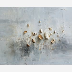 porcelain, surface, scattered, with, small, objects, faintly, glowing, subtle moisture, bath corner, intimate space, ceramic texture, tiled interior, soft steam, reflective glass, porcelain surface, quiet routine, domestic stillness, oil painting palette knife, textured impasto