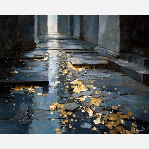 pathway, stepped, light, across, floor, gathering, like, quiet, gentle horizon, calm interior, hushed atmosphere, tender light, reflective stillness, subtle reverence, luminous calm, quiet sanctuary, soft radiance, arched space, oil painting palette knife, textured impasto