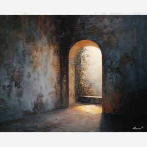 doorway, suggesting, passage, into, calm, radiance, resting, over, luminous calm, quiet sanctuary, soft radiance, arched space, gentle horizon, calm interior, hushed atmosphere, tender light, reflective stillness, subtle reverence, oil painting palette knife, textured impasto