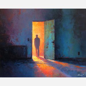 watchful, figure, near, partially, open, door, coming, from, indoor stillness, gentle shadow, subtle movement, feline presence, resting figure, window light, quiet companion, soft fur, domestic calm, watchful pose, oil painting palette knife, textured impasto