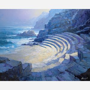 amphitheater, carved, into, weathered, stone, terraces, veiled, delicate, stone terrace, Aegean light, hillside dwellings, historic shoreline, sunlit masonry, quiet harbor, mediterranean landscape, ancient coast, marble architecture, seaside village, oil painting palette knife, textured impasto