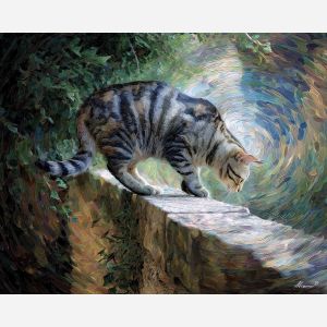 balanced, along, slim, garden, wall, lingering, faint, reflections, subtle movement, feline presence, resting figure, window light, quiet companion, soft fur, domestic calm, watchful pose, indoor stillness, gentle shadow, oil painting palette knife, textured impasto