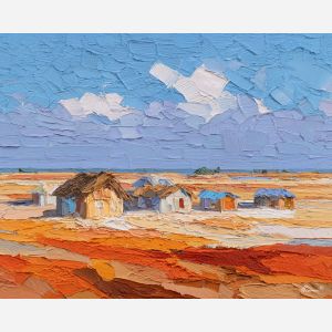 cluster, huts, beneath, wide, bright, pressing, down, from, open plain, sun-steeped land, textured horizon, savanna expanse, red earth, acacia silhouettes, village pattern, heat shimmer, distant hills, amber distance, oil painting palette knife, textured impasto